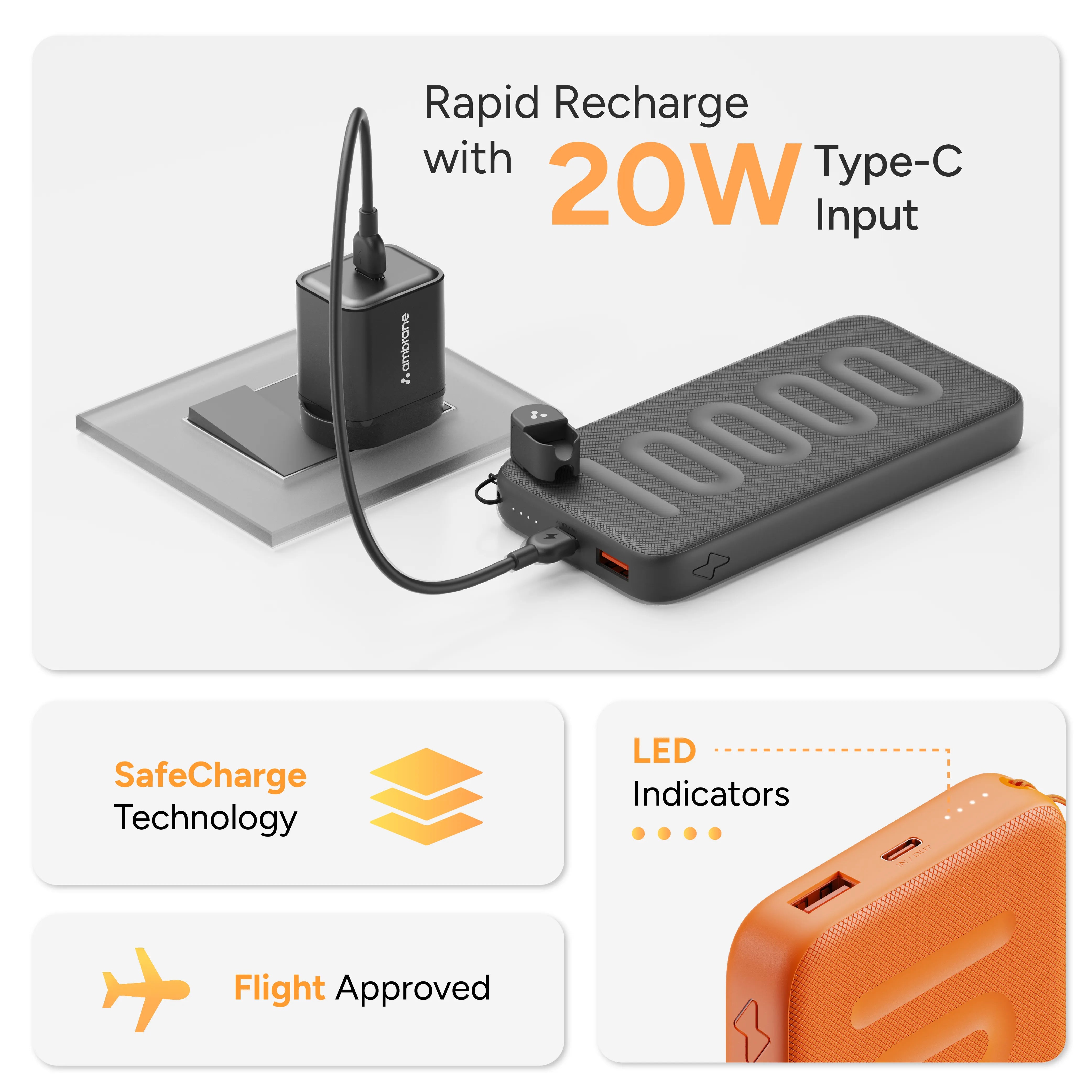 10000mAh Fast Charging Power Bank with in-Built Cable Features - Ambrane India